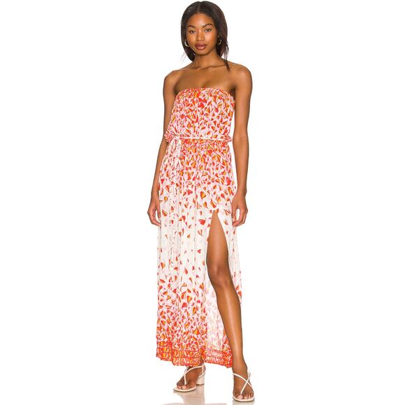 Poupette St. Barth Mara Strapless Floral Maxi Dress Size Red Pink Petal - Picture 1 of 14